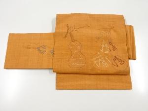 リサイクル　手織り真綿紬瓢箪模様刺繍作り帯